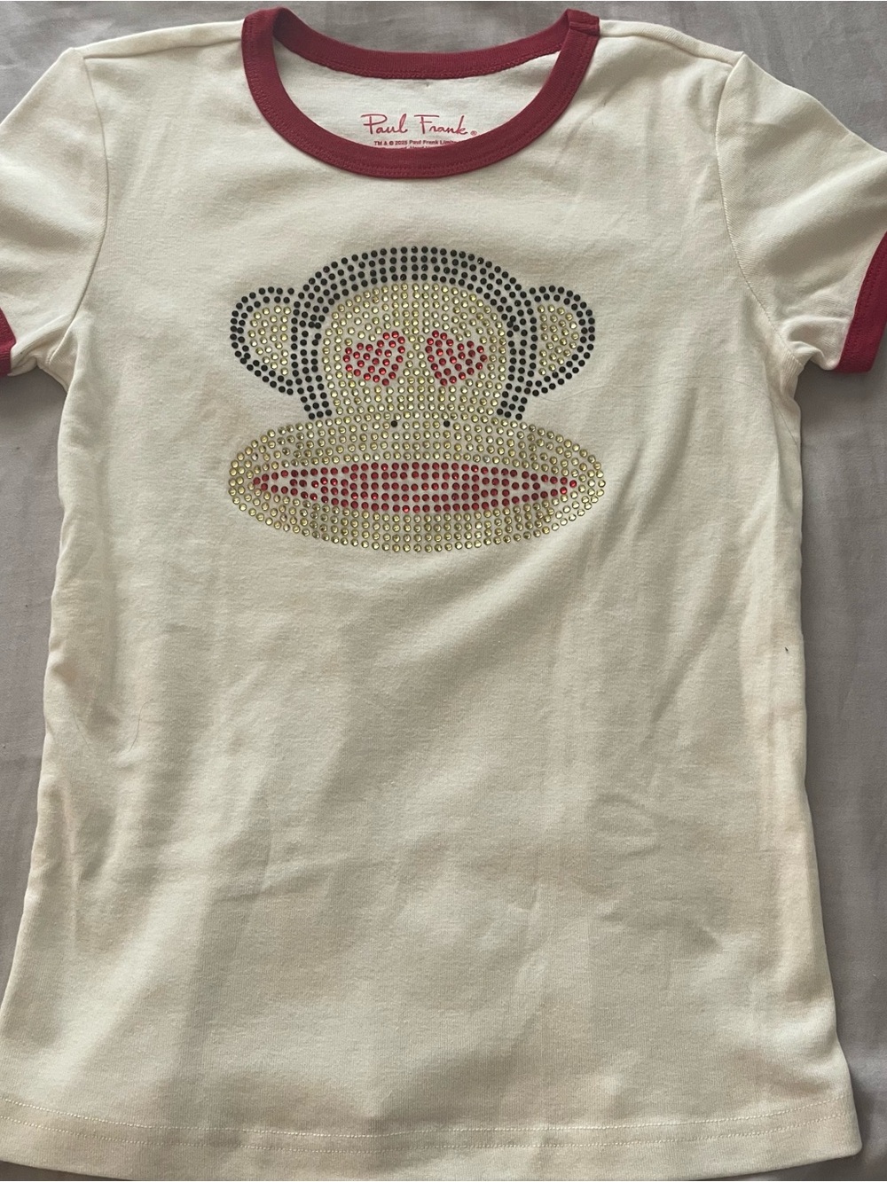 Paul Frank Cream Short Sleeve Tee with Red Trim and Studded Monkey